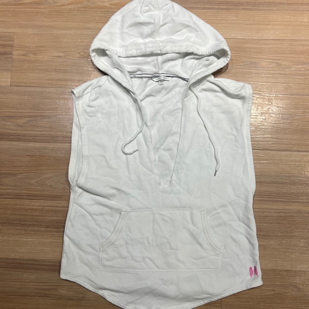 Victoria's Secret Womens Sleeveless Hoodie Deep V-Neck Wing Logo White Small